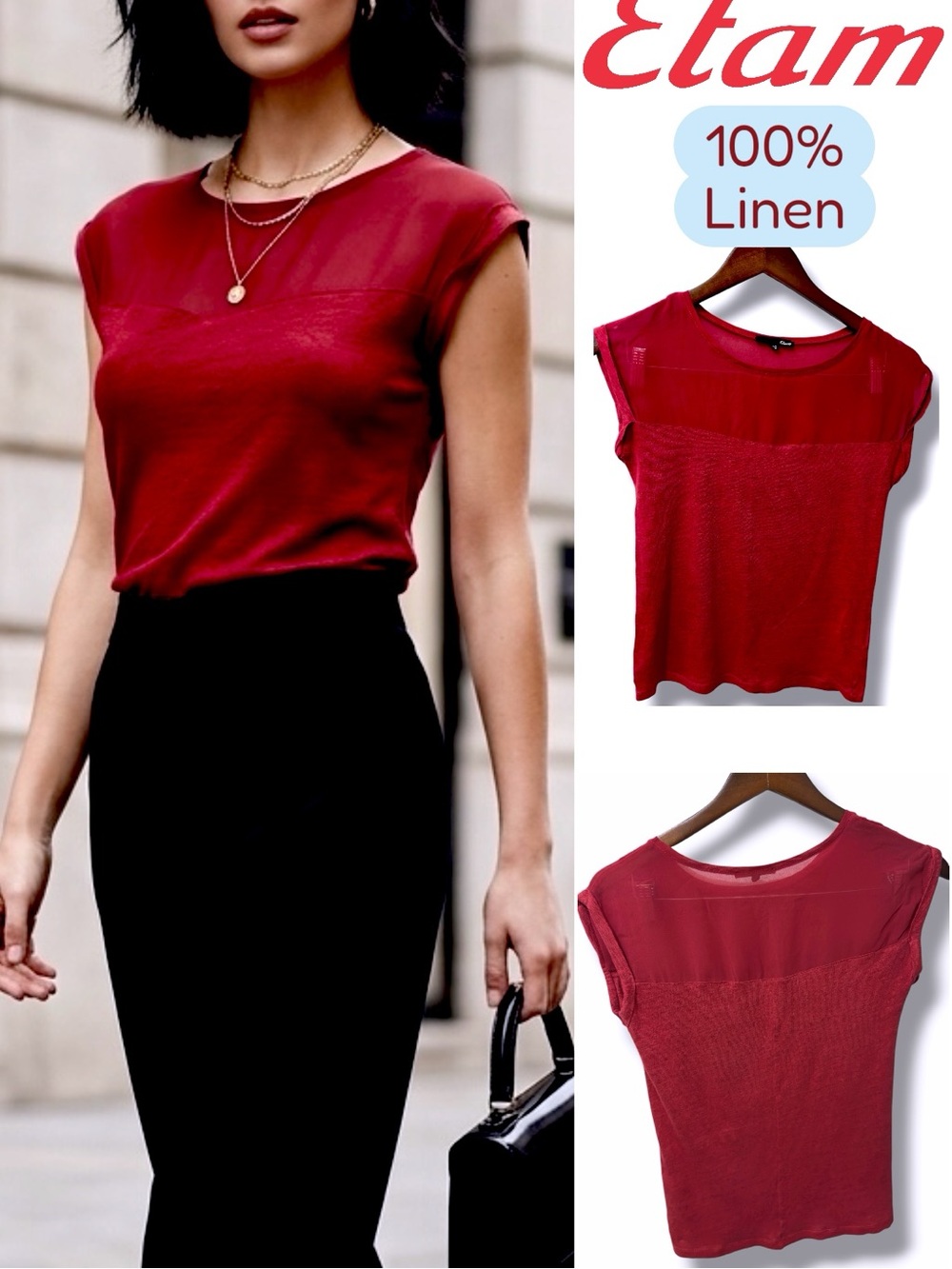 Etam | NWOT 100% Linen Deep Red Mixed Sheer Panel Cap Sleeve Top (Size XS/S)